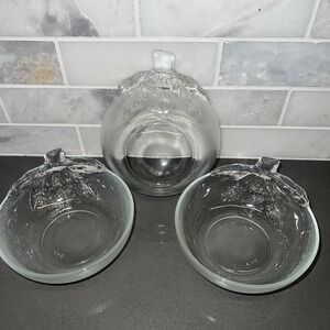 RARE 3 Vintage KIG Indonesia Glass Orange Shaped Bowl With Embossed Leaf, Stem